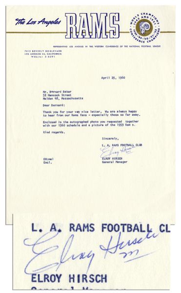 Elroy ''Crazylegs'' Hirsch Typed Letter Signed -- ''...We are always happy to hear from our Rams fans...'' -- 1960