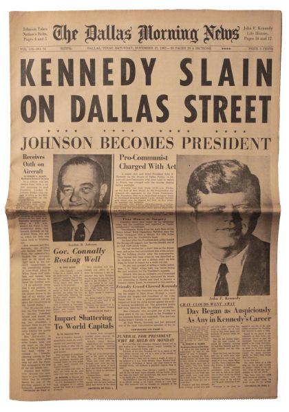 Historic ''The Dallas Morning News'' From Morning After JFK Assassination Stunned the World -- Headlines Include ''Johnson Becomes President'' and ''Pro-Communist Charged With Act''