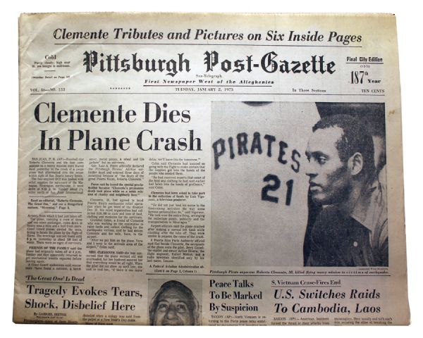 Roberto Clemente's 1973 Death Reported in the ''Pittsburgh Post-Gazette''