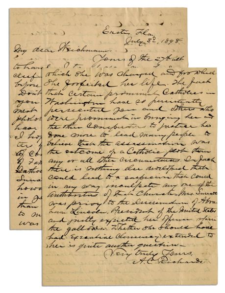 Eyewitness Letter to President Abraham Lincoln's Assassination -- ''...lead many people to believe than the assassination was the outcome of a Catholic plot...''