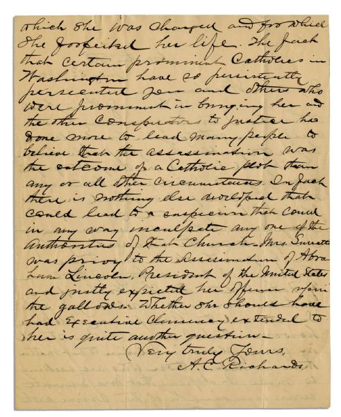 Eyewitness Letter to President Abraham Lincoln's Assassination -- ''...lead many people to believe than the assassination was the outcome of a Catholic plot...''
