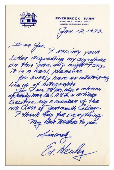 Pro Football Hall of Fame Inductee Ed Healey Autograph Letter Signed -- ''...I thank God for everything...''