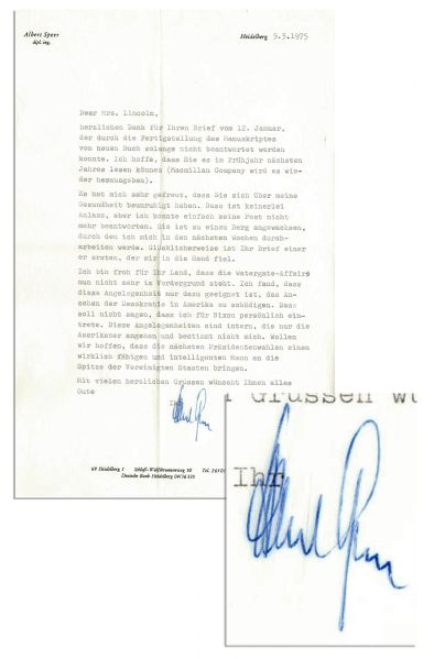 Albert Speer Letter Signed -- ''...I [don't] personally condone Nixon's actions...Let's hope that the next election will produce a capable and intelligent leader for the United States...''
