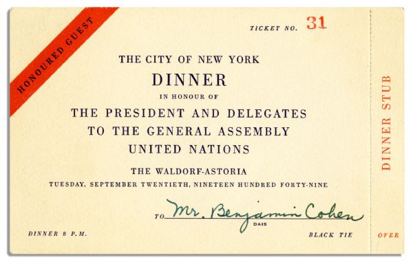 United Nations 1949 Dinner Invitation -- in New York City for the Start of the General Assembly's Fourth Session -- 20 September 1949