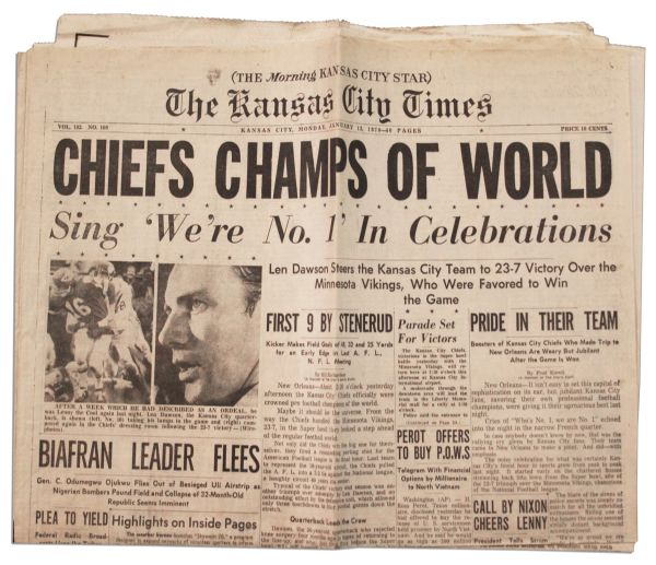 Super Bowl IV ''CHIEFS CHAMPS OF WORLD'' Announced in ''Kansas City Times''