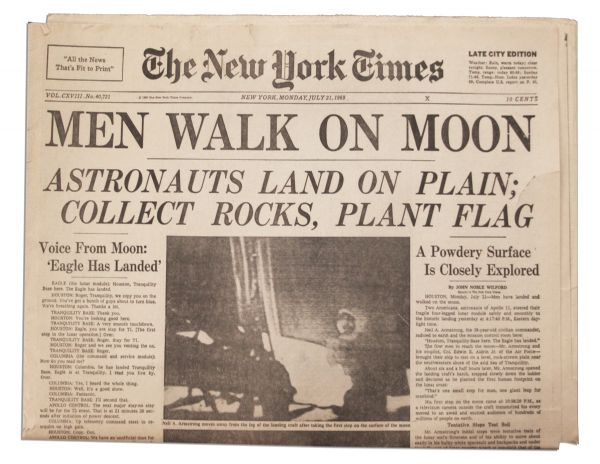 ''The New York Times'' Announces Historic ''Men Walk On Moon'' -- 21 July 1969