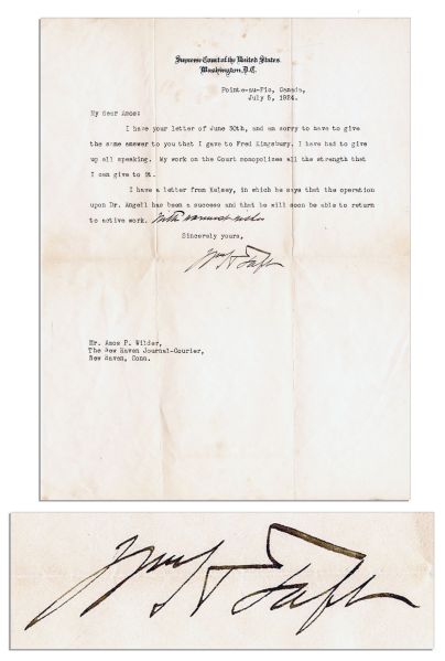 William Howard Taft Letter Signed as Chief Justice -- ''...My work on the Court monopolizes all the strength that I can give to it...'' -- 1924