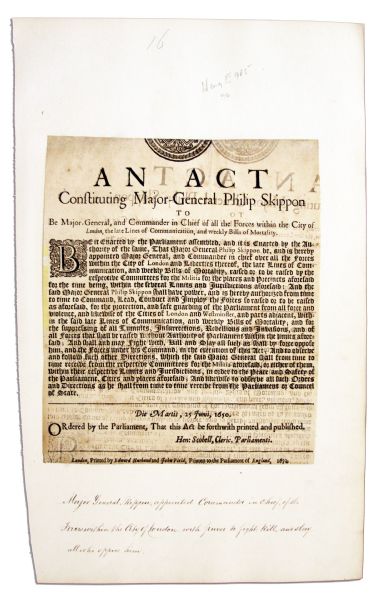 English Civil War Broadside Appointing a Commander in Chief of The Guard Protecting Parliament