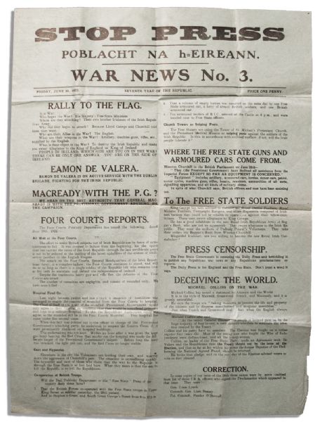 Irish Civil War Broadside From Eamon de Valera's IRA --  on The Battle of Dublin ''...sniping posts against the soldiers of the Irish Republic...''