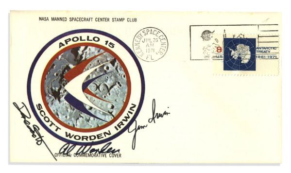 Rare Apollo 15 Crew Signed Astronaut Insurance Cover Issued by NASA -- Al Worden, Dave Scott & Jim Irwin 