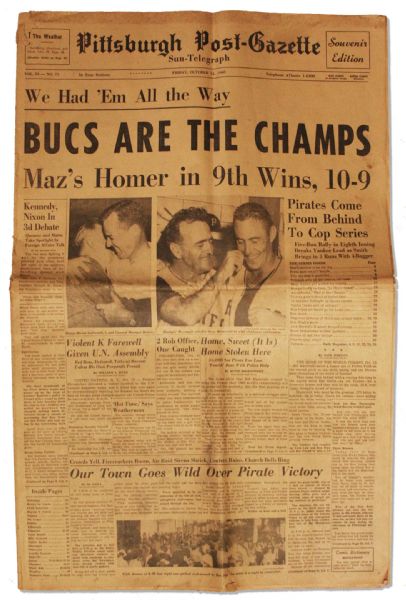 1960 World Series Newspaper -- Pittsburgh Post-Gazette Announces ''BUCS ARE THE CHAMPS'' & Credits Bill Mazeroski's Home Run