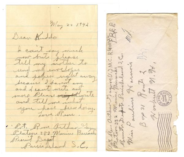 Iwo Jima Hero Rene Gagnon WWII-Dated 1942 Autograph Letter Twice-Signed -- To His Sweetheart Back Home -- While Stationed at Training Camp on Parris Island