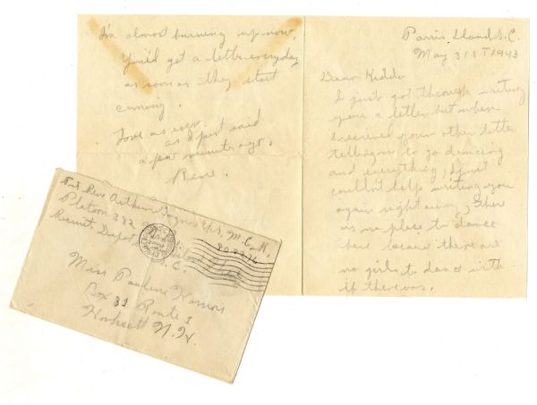 Rene Gagnon WWII-Dated 1943 Autograph Letter Signed to His Love Back Home, From Training Camp on Parris Island -- ''...The only time we somewhere is when the whole platoon goes...''