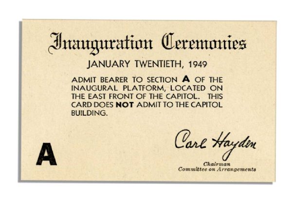 Harry Truman Inauguration Memorabilia From 1949 -- Invitation, Program and Seating Ticket