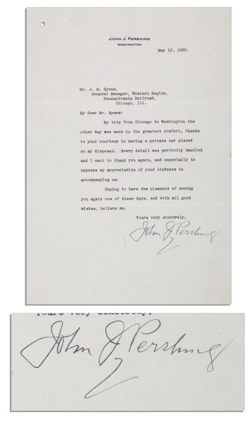 John J. Pershing Typed Letter Signed From 1939 -- ''...Thanks to your courtesy in having a private car placed at my disposal...''