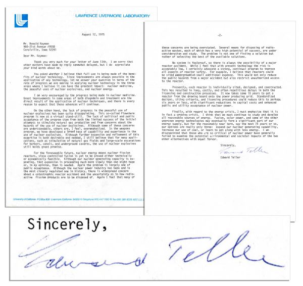 'Father of the Hydrogen Bomb'' Edward Teller Typed Letter Signed With Excellent Nuclear Content -- ''...nuclear medicine, the peaceful uses of nuclear explosives, and nuclear energy...''