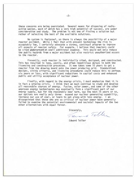 'Father of the Hydrogen Bomb'' Edward Teller Typed Letter Signed With Excellent Nuclear Content -- ''...nuclear medicine, the peaceful uses of nuclear explosives, and nuclear energy...''