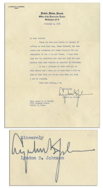 Lyndon B. Johnson 1954 Letter Signed as Senate Majority Leader Upon Senate Stationery -- ''...I hope that your and his anxieties are over...''