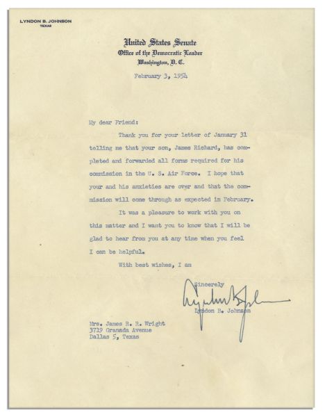 Lyndon B. Johnson 1954 Letter Signed as Senate Majority Leader Upon Senate Stationery -- ''...I hope that your and his anxieties are over...''