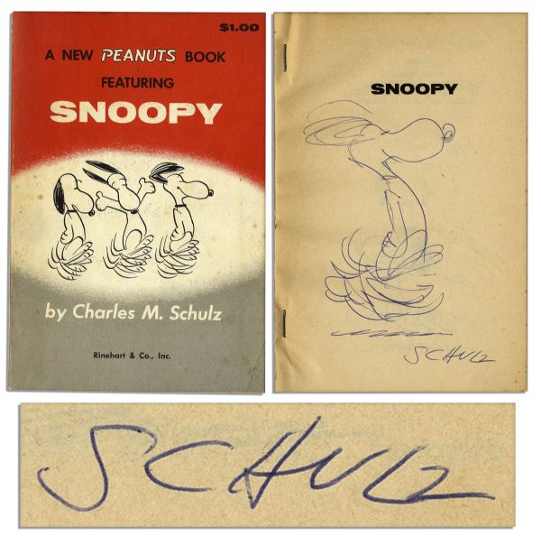 Charles Schulz Hand Drawn Sketch of Snoopy Signed in ''A New Peanuts Book Featuring Snoopy'' -- First Edition of a Very Early ''Peanuts'' Book