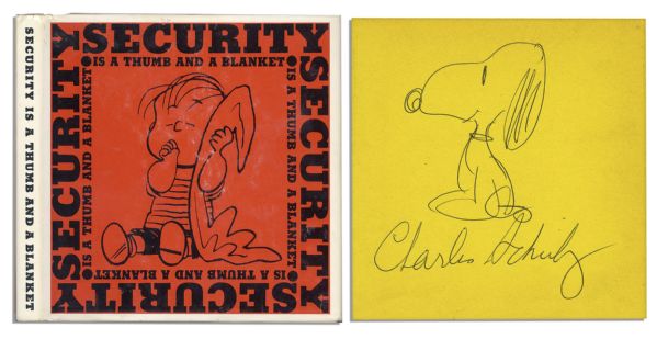 Charles Schulz Hand Drawn Sketch of Snoopy Signed in a First Edition First Printing of ''Security is a Thumb and a Blanket''