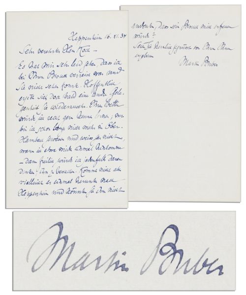 Jewish Philosopher Martin Buber Autograph Letter Signed -- ''...it has been such a long time that I have not been to Ober-Hambach and have no idea when I will be able to visit there...''