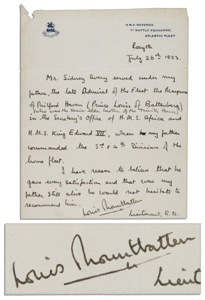 Lord Louis Mountbatten of Burma Autograph Letter Signed