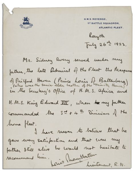Lord Louis Mountbatten of Burma Autograph Letter Signed