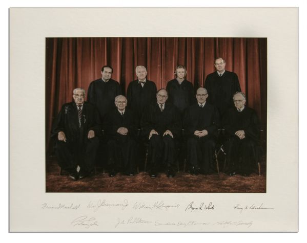 Supreme Court Justices Photo Display Signed by 7 Members of The Rehnquist Court From 1988-1990 -- Measures 20'' x 16''