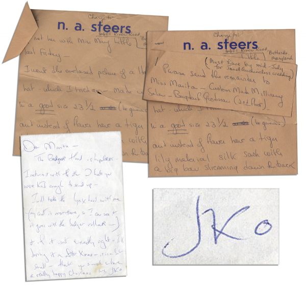Jackie Onassis Collection of Three Handwritten Notes to Her Bergdorf Goodman Personal Shopper Marita O'Connor -- Regarding Various Hats & Outfits 