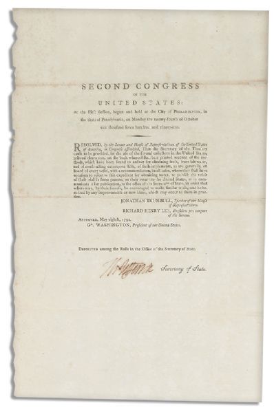 Thomas Jefferson 1792 Document Signed as Secretary of State -- Regarding An Act Passed by Second Congress Requiring Ships to Have Means of Obtaining Fresh Water From Salt Water