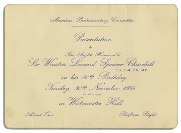 Ticket to Sir Winston Churchill's 80th Birthday Celebration Held by the Members Parliamentary Committee