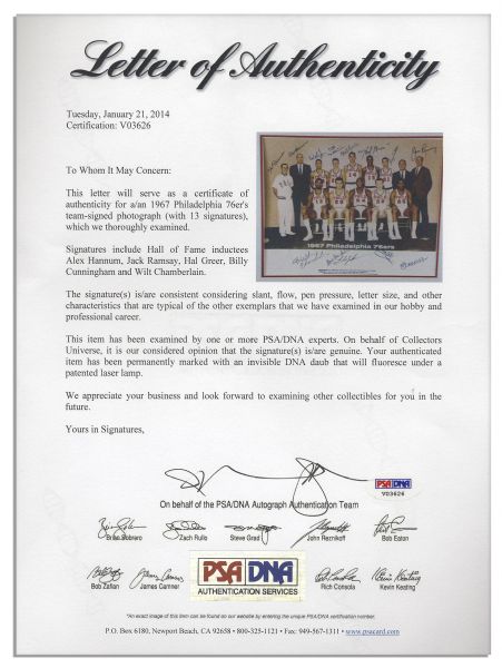 NBA World Champion Philadelphia 76ers Team Photo Signed by Wilt Chamberlain and 12 Other Team Members -- With PSA/DNA COA