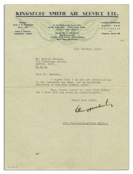 Australian Aviator Sir Charles Kingsford Smith Typed Letter Signed -- With PSA/DNA COA