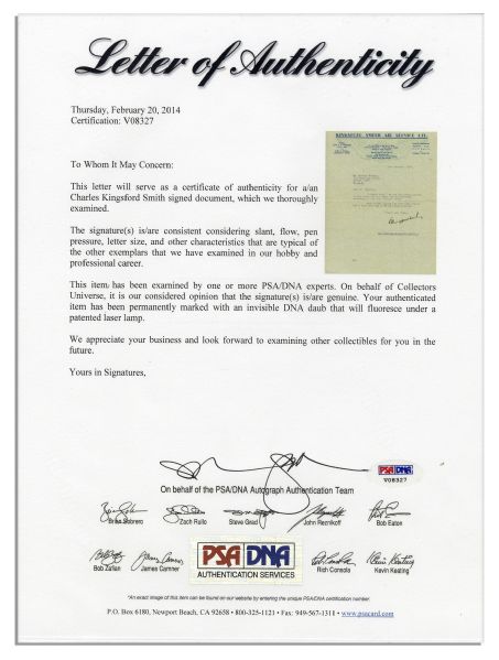 Australian Aviator Sir Charles Kingsford Smith Typed Letter Signed -- With PSA/DNA COA