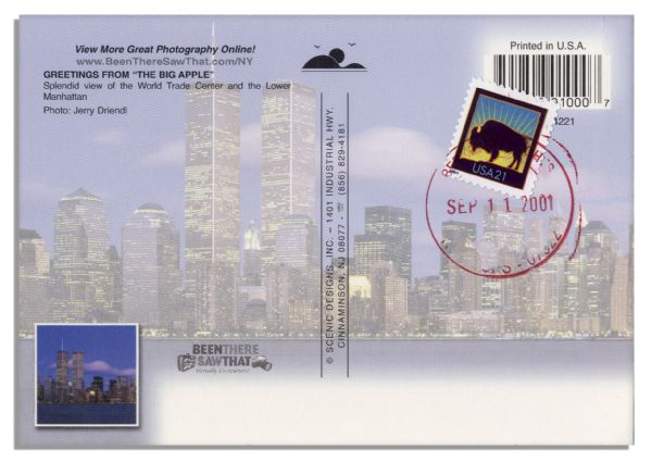 Collection of 10 World Trade Center, New York City Full Color Postcards -- Postmarked 9/11/01