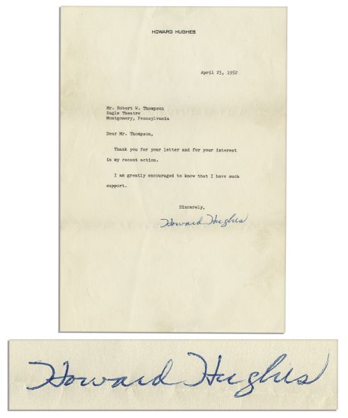 Howard Hughes Typed Letter Signed After Acquiring The RKO Studio and Cleaning House For Communists -- ''...Thank you for your letter and for your interest in my recent action...''