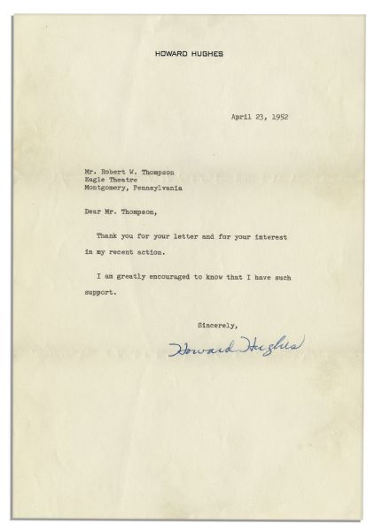 Howard Hughes Typed Letter Signed After Acquiring The RKO Studio and Cleaning House For Communists -- ''...Thank you for your letter and for your interest in my recent action...''
