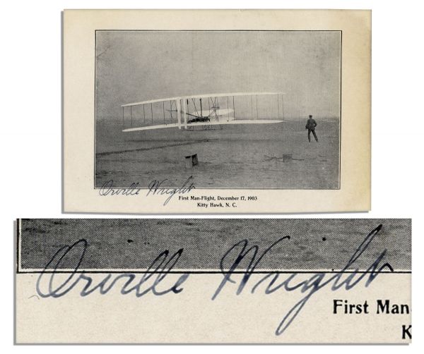 Orville Wright Signed Photo of the Wright Brothers Conducting Their First Flight at Kitty Hawk in 1903
