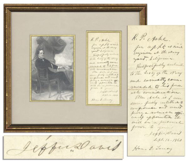 Jefferson Davis Letter Signed -- ''... Mr. Ashe is I am sure fully entitled to confidence and would prove a valuable officer. If appointed it will be a personal favor to your's...'' -- 1860
