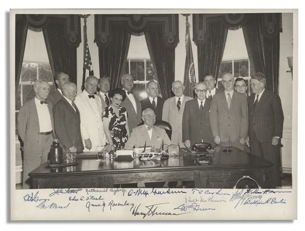 Harry Truman Signed Photo -- Just Two Weeks After The Dropping of the A-Bomb on Hiroshima -- Also Signed By Members of the Advisory Board of the Office of War Mobilization and Conversion