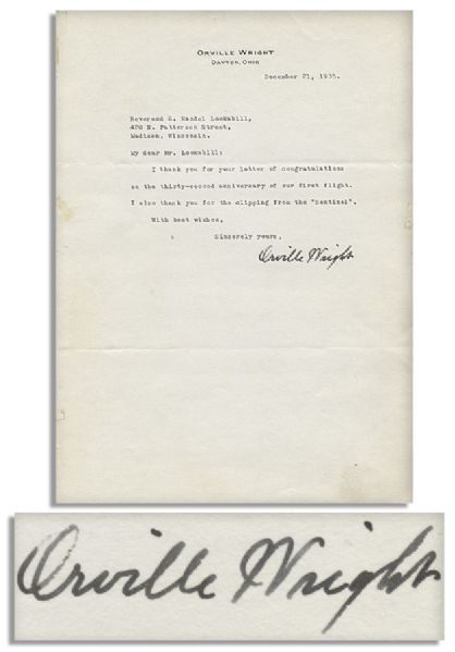 Orville Wright 1935 Typed Letter Signed -- ''...congratulations on the thirty-second anniversary of our first flight...''