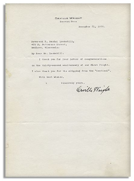 Orville Wright 1935 Typed Letter Signed -- ''...congratulations on the thirty-second anniversary of our first flight...''