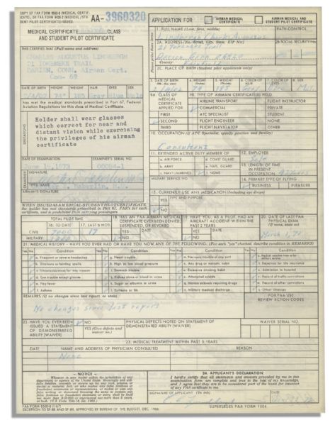 Charles Lindbergh Application for His ''Airman Medical Certificate''