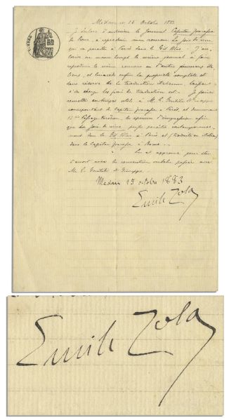 Emile Zola Letter Signed & Dated 1883