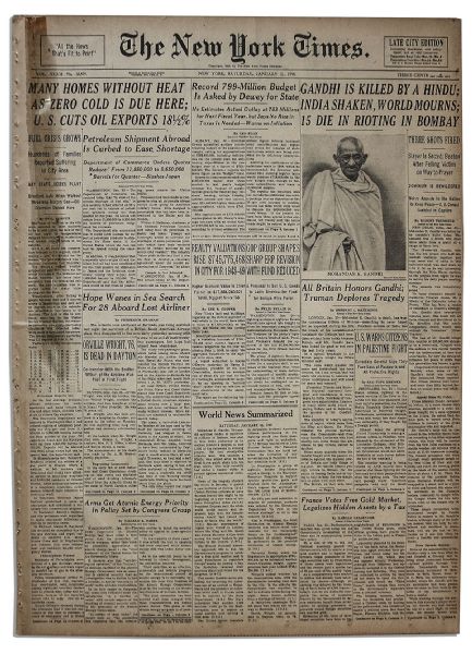 Gandhi's Killing Announced on the Front Page of ''The New York Times'' Newspaper