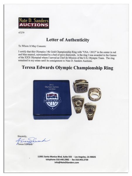 Olympics Gold Championship Ring Awarded to Women's Basketball Star Teresa Edwards -- Where She Served as Chef de Mission of the U.S. Team at The 2012 Games