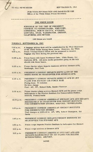 Itinerary of President John F. Kennedy During a Trip to the Midwest and West Coast in 1963
