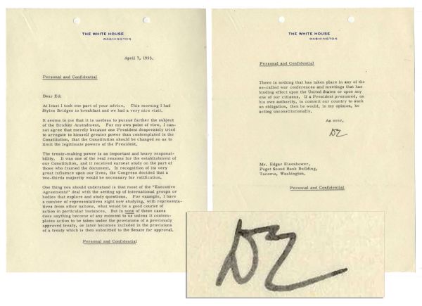 Eisenhower Letter Signed as President Regarding His Democratic Predecessor: ''...one President desperately tried to arrogate himself greater power than contemplated in the Constitution...''