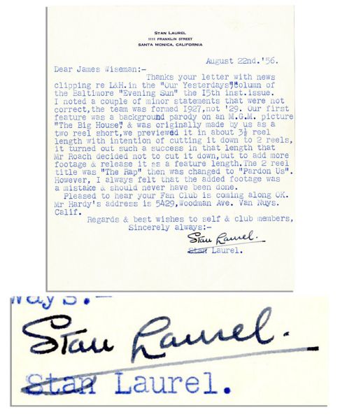 Stan Laurel Letter Signed on the Formation of Laurel & Hardy -- ''...the team was formed 1927, not '29. Our first feature was a background parody on an M.G.M. picture 'The Big House'...''